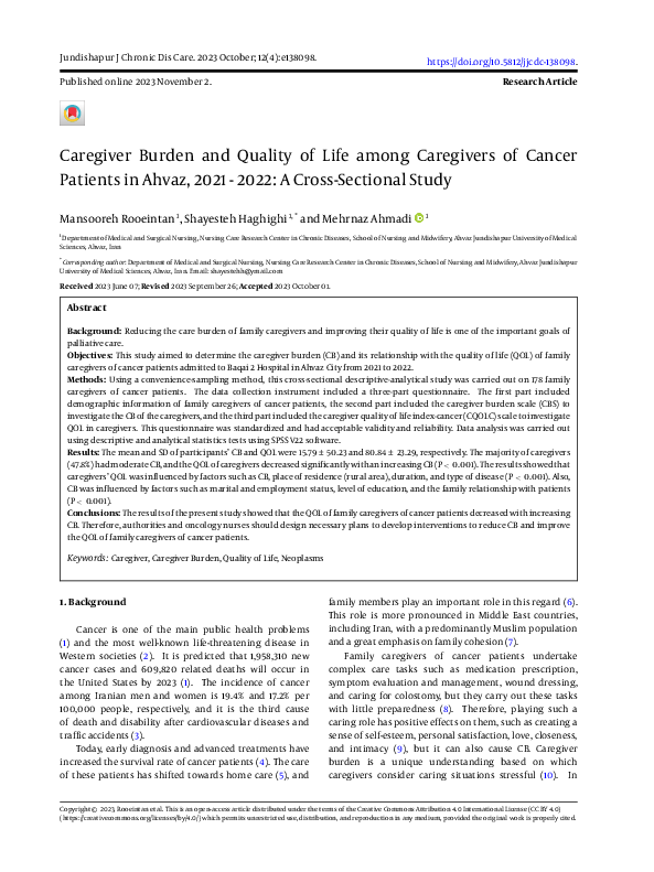 (PDF) Caregiver Burden and Quality of Life among Caregivers of Cancer ...