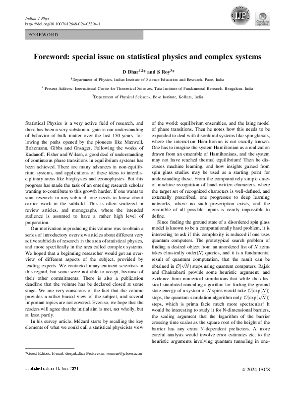 (PDF) Foreword: special issue on statistical physics and complex systems