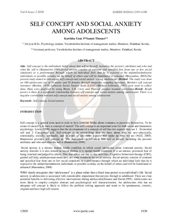 (PDF) SELF CONCEPT AND SOCIAL ANXIETY AMONG ADOLESCENTS