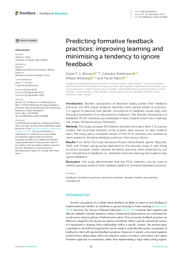 (PDF) Predicting formative feedback practices: improving learning and ...