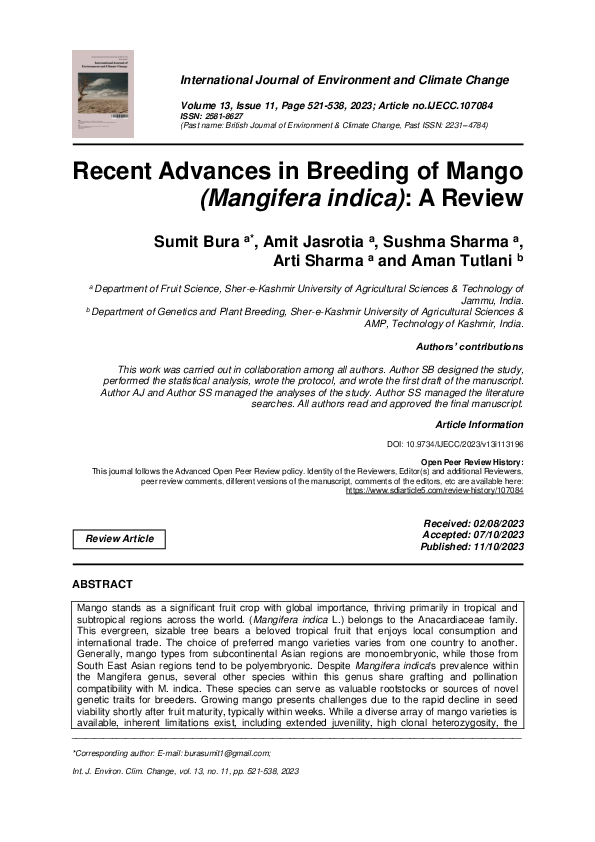 (PDF) Recent Advances in Breeding of Mango (Mangifera indica) A Review
