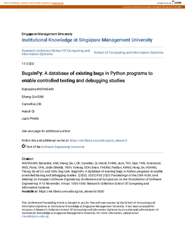 (PDF) BugsInPy: a database of existing bugs in Python programs to ...