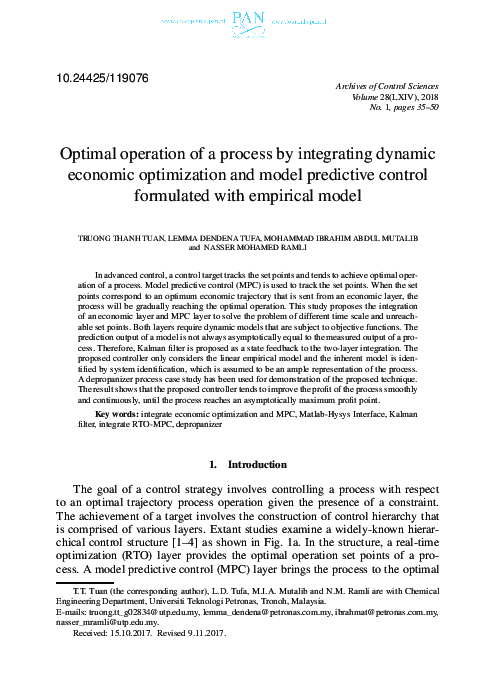 (PDF) Optimal operation of a process by integrating dynamic economic ...