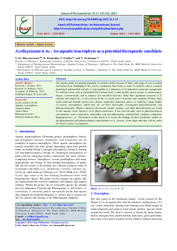 (PDF) Azolla pinnata R. Br. : An aquatic macrophyte as a potential ...