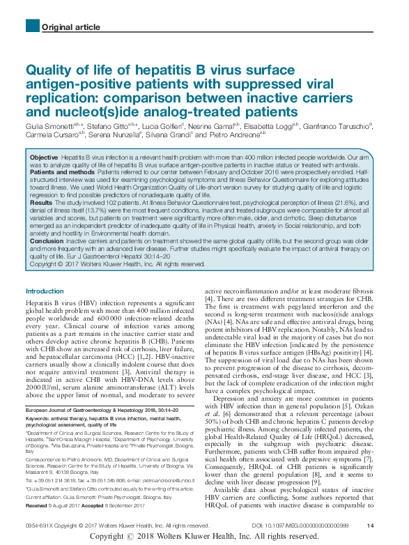 (PDF) Quality of life of hepatitis B virus surface antigen-positive ...