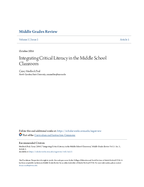 (PDF) Integrating Critical Literacy in the Middle School Classroom
