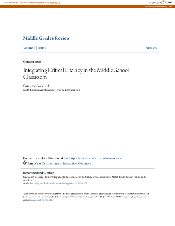 (PDF) Integrating Critical Literacy in the Middle School Classroom