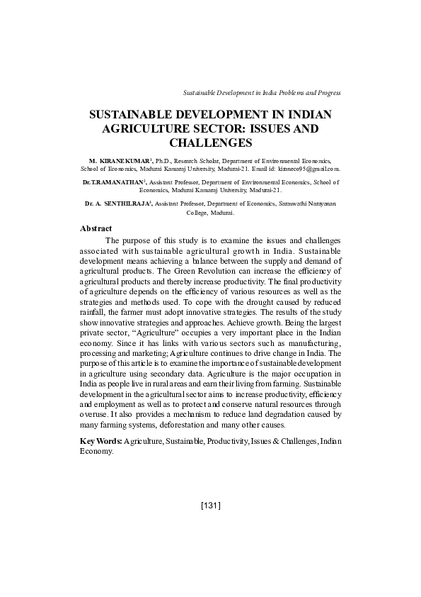(PDF) SUSTAINABLE DEVELOPMENT IN INDIAN AGRICULTURE SECTOR: ISSUES AND ...