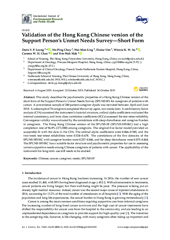 (PDF) Validation of the Hong Kong Chinese version of the Support Person ...