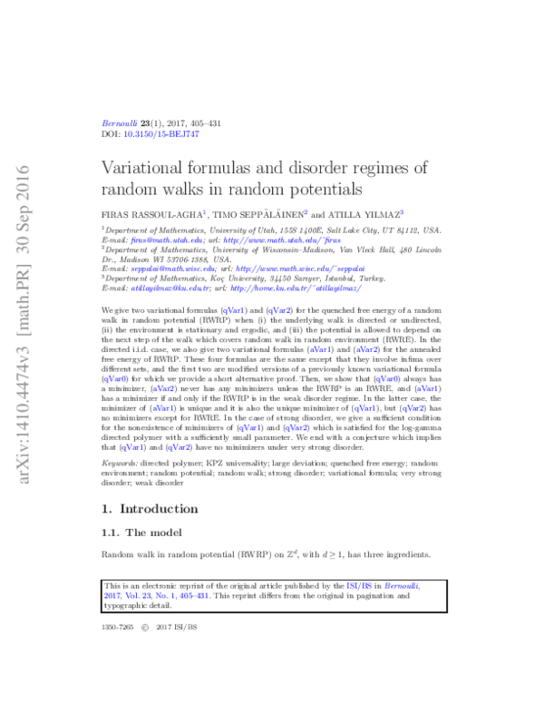 (PDF) Variational formulas and disorder regimes of random walks in ...