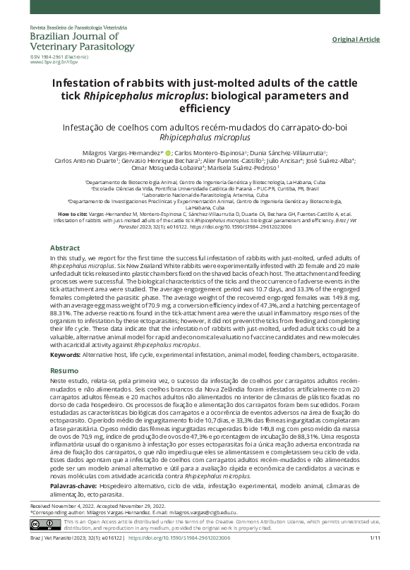 (PDF) Infestation of rabbits with just-molted adults of the cattle tick ...