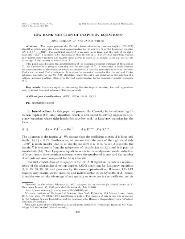 (PDF) Low Rank Solution of Lyapunov Equations