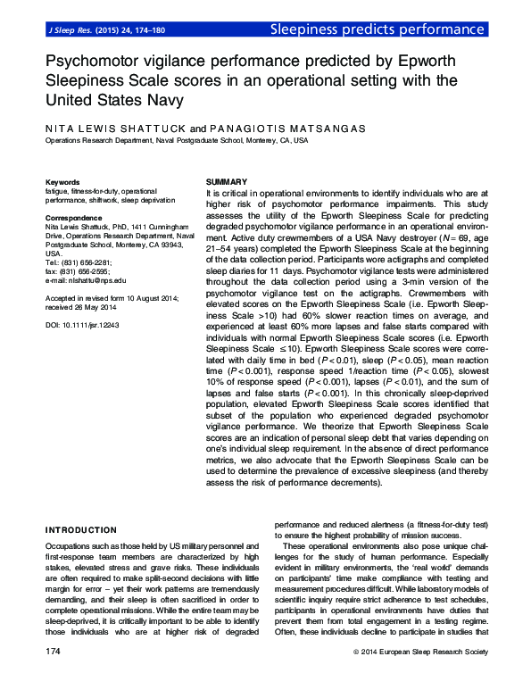 (PDF) Psychomotor vigilance performance predicted by Epworth Sleepiness ...