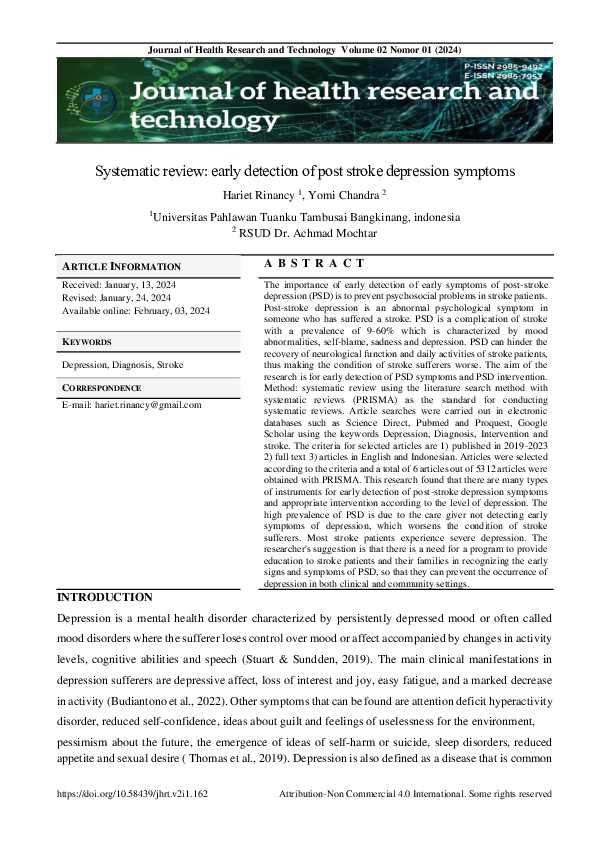 (PDF) Systematic review: early detection of post stroke depression symptoms