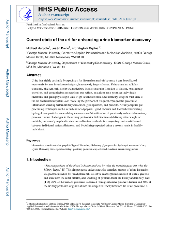 (PDF) Current state of the art for enhancing urine biomarker discovery