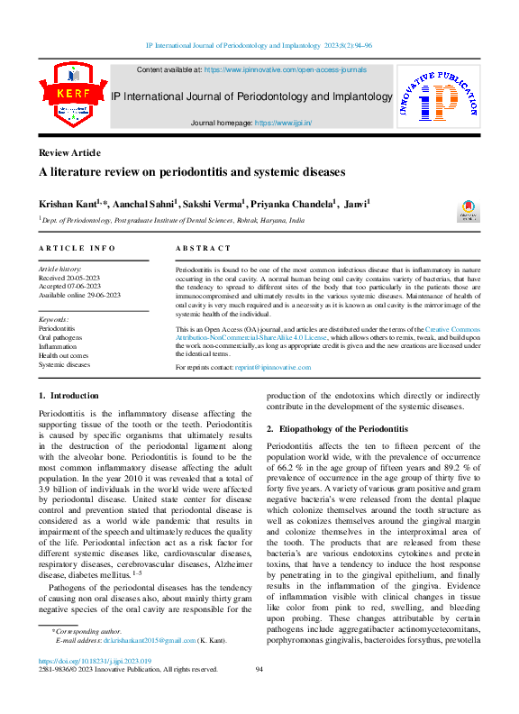 (PDF) A literature review on periodontitis and systemic diseases