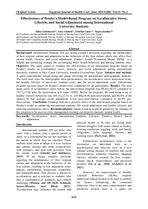 (PDF) Effectiveness of Pender's Model-Based Program on Acculturative ...