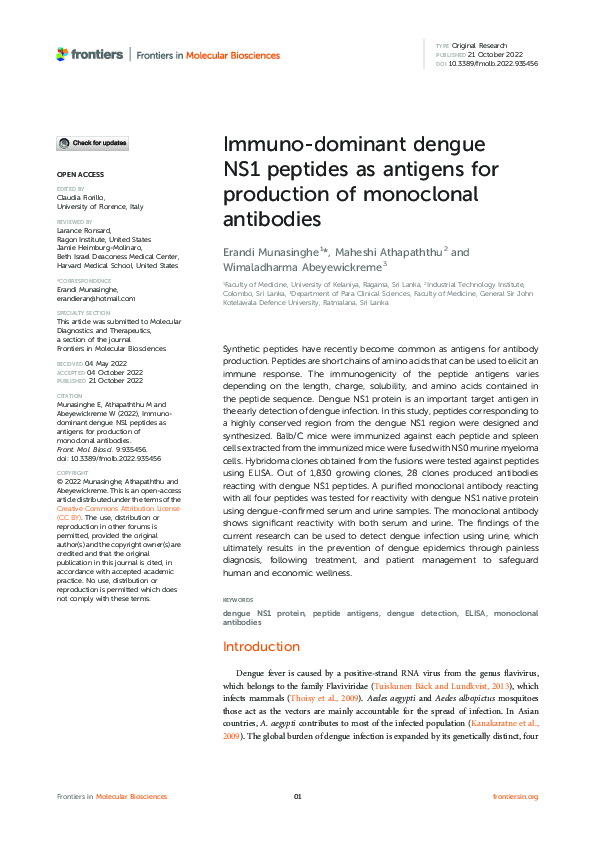 (PDF) Immuno-dominant dengue NS1 peptides as antigens for production of ...