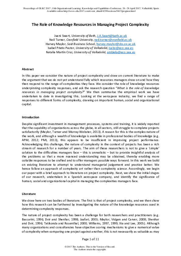 (PDF) The role of knowledge resources in managing project complexity