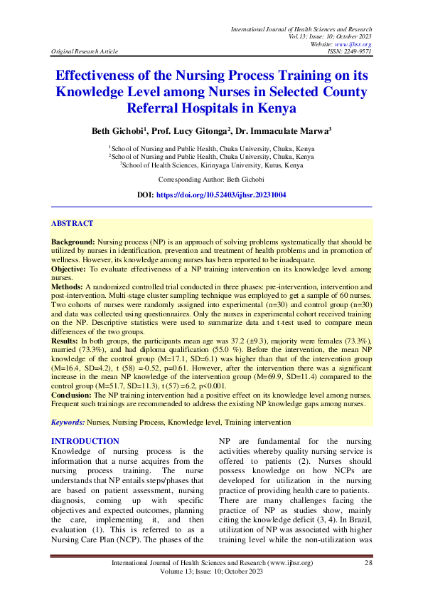 (PDF) Effectiveness of the Nursing Process Training on its Knowledge ...