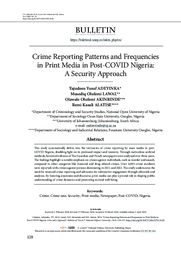 (PDF) Crime Reporting Patterns and Frequencies in Print Media in Post ...