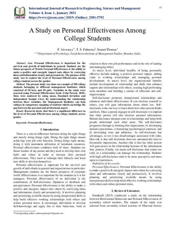 (PDF) A Study on Personal Effectiveness Among College Students