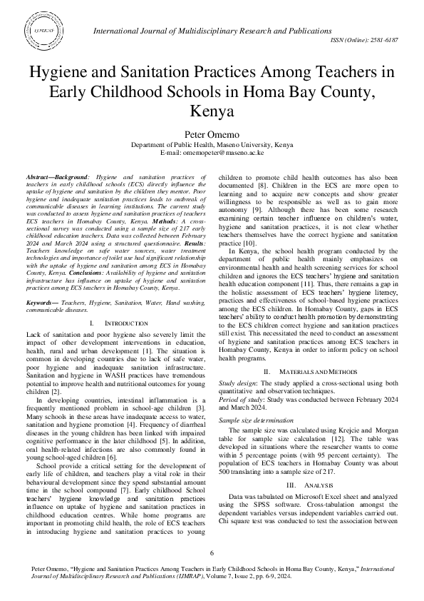 (PDF) Hygiene and Sanitation Practices Among Teachers in Early