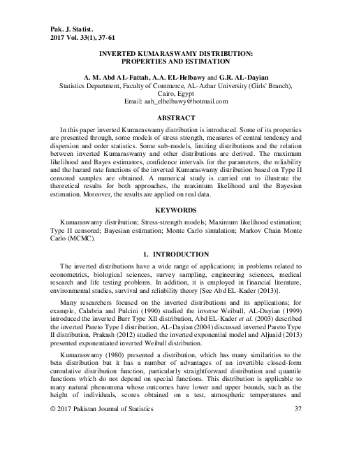 (PDF) INVERTED KUMARASWAMY DISTRIBUTION: PROPERTIES AND ESTIMATION