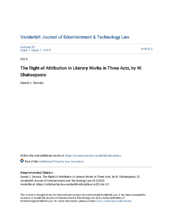 (PDF) The Right of Attribution in Literary Works in Three Acts, by W ...