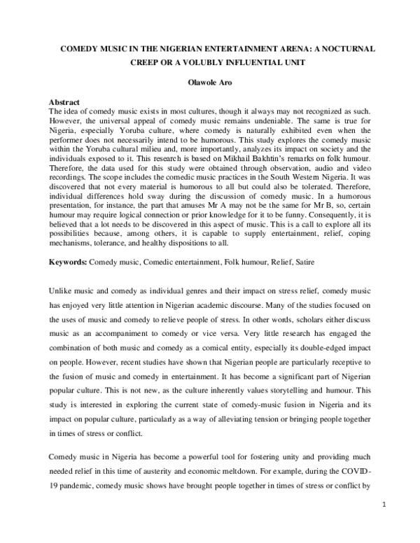 (PDF) COMEDY MUSIC IN THE NIGERIAN ENTERTAINMENT ARENA: A NOCTURNAL ...