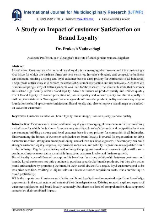 (PDF) A Study on Impact of Customer Satisfaction on Brand Loyalty