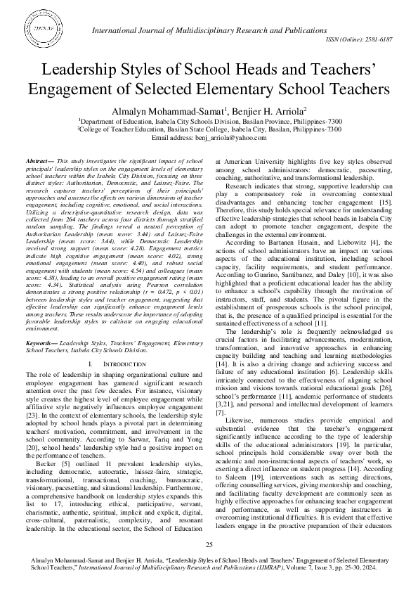 (PDF) Leadership Styles of School Heads and Teachers' Engagement of ...