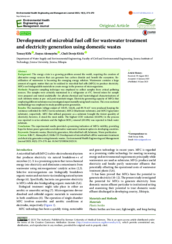 (PDF) Development of microbial fuel cell for wastewater treatment and ...