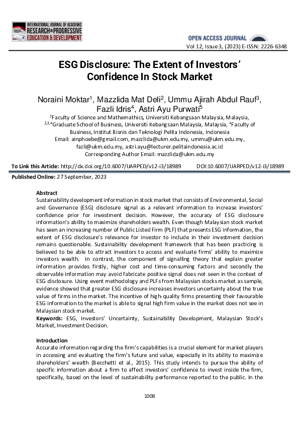 (PDF) ESG Disclosure: The Extent of Investors’ Confidence In Stock Market
