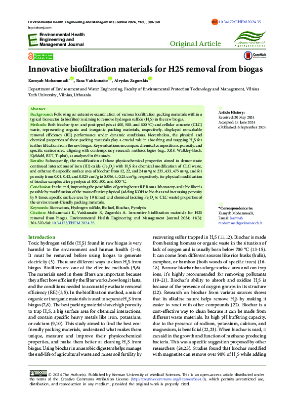 (PDF) Innovative biofiltration materials for H2S removal from biogas