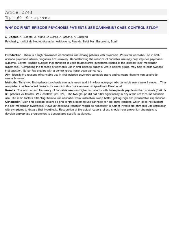 (PDF) 2743 – Why do first-episode psychosis patients use cannabis? Case ...
