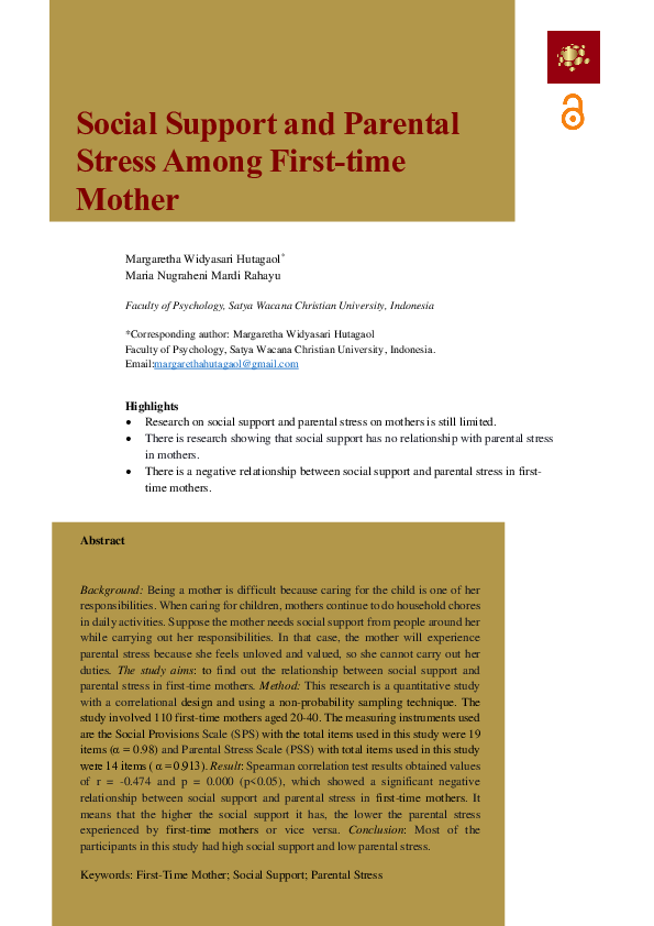 (PDF) Social Support and Parental Stress Among First-time Mother
