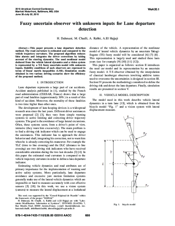 (PDF) Fuzzy uncertain observer with unknown inputs for Lane departure ...
