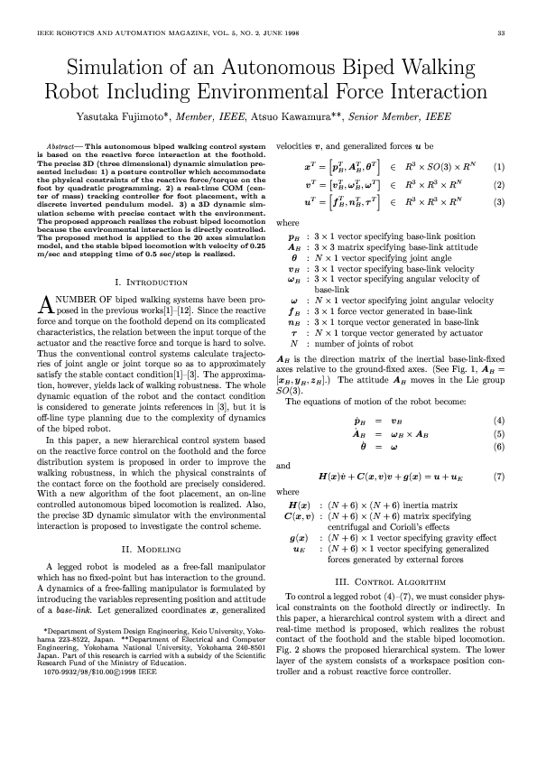 (PDF) Simulation of an autonomous biped walking robot including ...