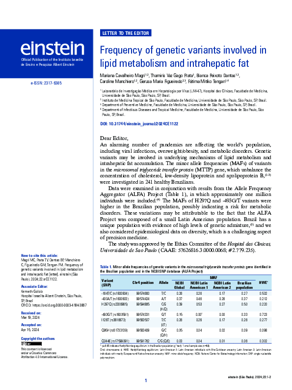 (PDF) Frequency of genetic variants involved in lipid metabolism and ...