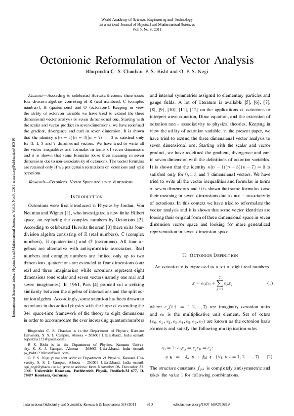 (PDF) Octonionic Reformulation Of Vector Analysis