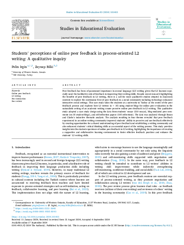 (PDF) Students' perceptions of online peer feedback in process-oriented ...