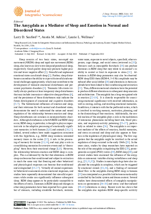 (PDF) The Amygdala as a Mediator of Sleep and Emotion in Normal and ...