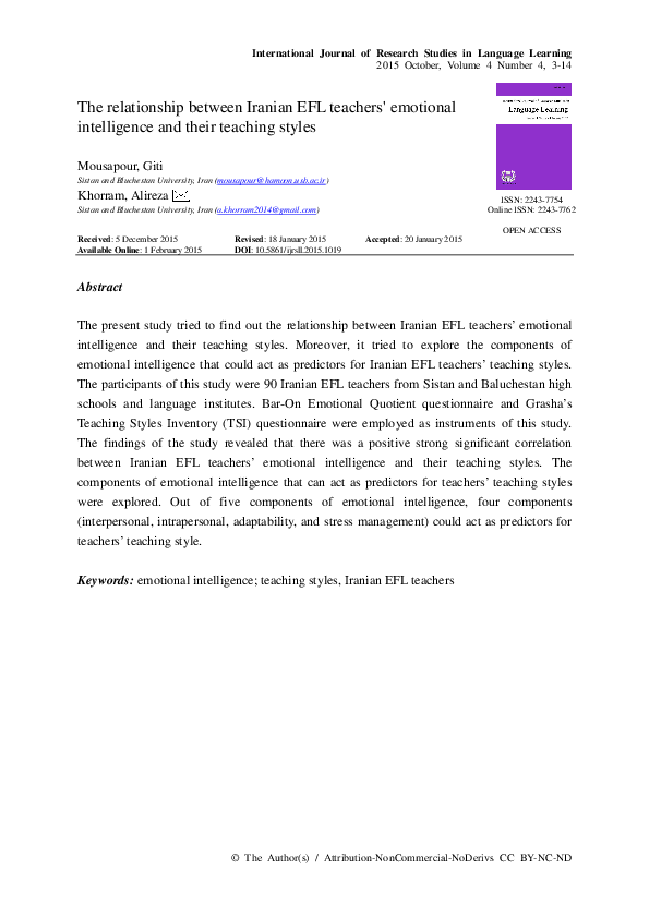 (PDF) The relationship between Iranian EFL teachers' emotional ...