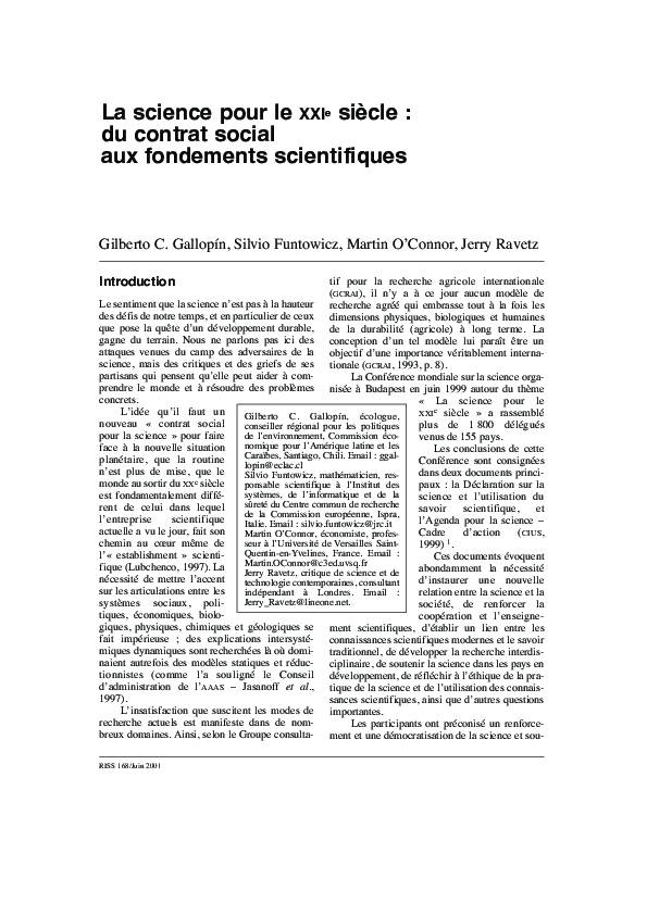 (PDF) La science pour le xxie siècle : du contrat social aux fondements ...