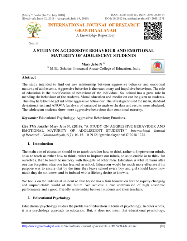 (PDF) A Study on Aggressive Behaviour and Emotional Maturity of ...