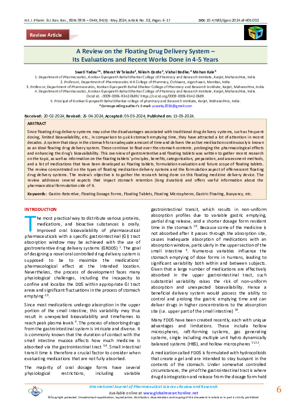 (PDF) A Review on the Floating Drug Delivery System -Its Evaluations ...