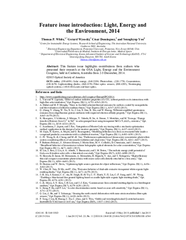 (PDF) Feature Issue Introduction: Light, Energy and the Environment, 2014