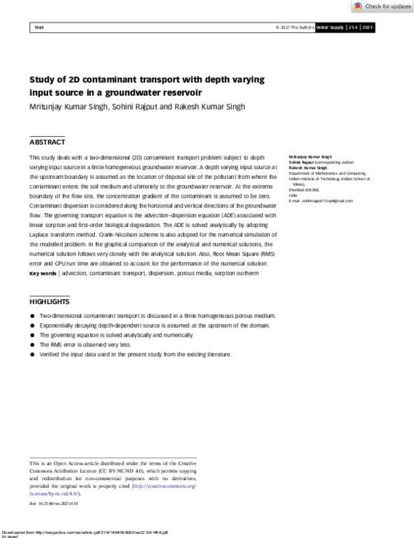 (PDF) Study of 2D contaminant transport with depth varying input source ...