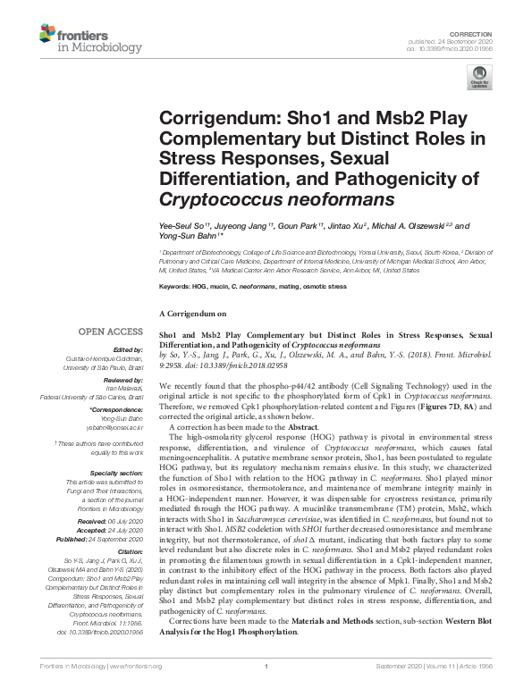(PDF) Corrigendum: Sho1 and Msb2 Play Complementary but Distinct Roles ...
